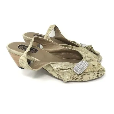 $36.99 • Buy Salpy Women's Slingback Shoes Block Heels Beige Leather Bling Bow Peep Toe USA 6
