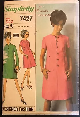 Vintage Sewing Pattern Simplicity 7427 60s A Line Dress Pockets Cut Sz 14 • £3