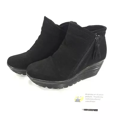 Skechers Suede Parallel Triple Thread Wedge Boot Womens Size 8.5 48733 Black • $29.99