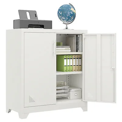 Metal Office Storage Cabinet W/2 Shelves Lockable Home Filing Cupboard Cabinets • £112.79