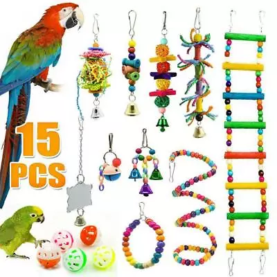 15 Pack Parrot Toys Set Metal Rope Small Ladder Stand Budgie Cockatiel Cage Bird • £12.99