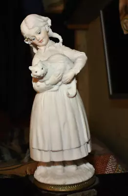 Bruno Merli Naples Capodimonte Girl With Cat On Wooden Base Italy✨️✨️ See Pictur • £4