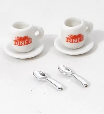 Dollhouse Minature Porcelain Cup & Saucer With Metal Spoons Set Of 2 • $4.99