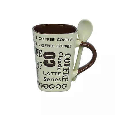 250ml Latte Design Cream Ceramic Mug Spoon On Handle Coffee Teacup • £5.25