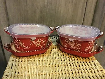 Temp-tations Red Floral Lace Ramekin Baker 10 Oz. W/ Lid/Tray #936844 Set Of 2 • £20.43