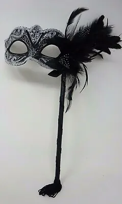 Black & Silver With Flower & Stick Venetian Carnival Masquerade Party Ball Mask • £18.95