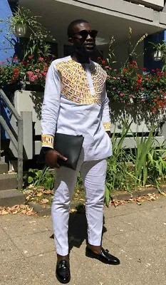 Mens Kaftan Embroidered Gold & White Long Sleeve Shirt & Pants African Clothing  • $115