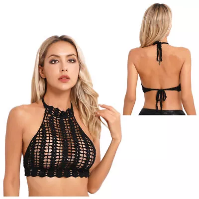 Sexy Women's Mesh Crop Top Hollow Out Halter Bikini Tops See Through Camisole • $12.99