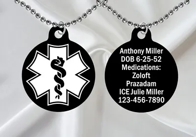 Medical Alert Id Necklace Free Personalization Custom Engraving Black Round • $9.95