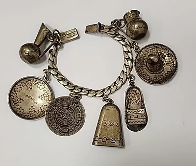 Vintage Mexican Sterling Silver 6.5   Bracelet With 7 Vintage Charms • $95