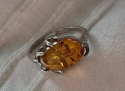 Amber Sterling Silver Modern Organic Design Ring Sz-6.75 • $29.99