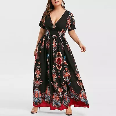 Plus Size Womens Butterfly Printed V-Neck Short Sleeve Casual Long Maxi Dress • $40.01