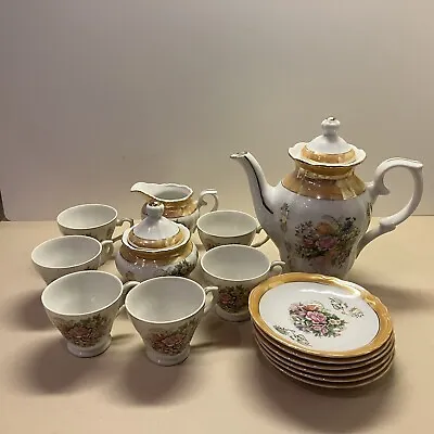 Vintage Japan 17 Piece Demitasse Tea Set Serves 6- Floral With Gold Accents • $52.45