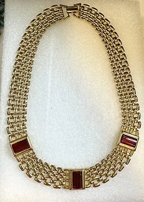 Vintage Napier Chunky Gold Necklace W/ Red Glass Stones  • $59.99