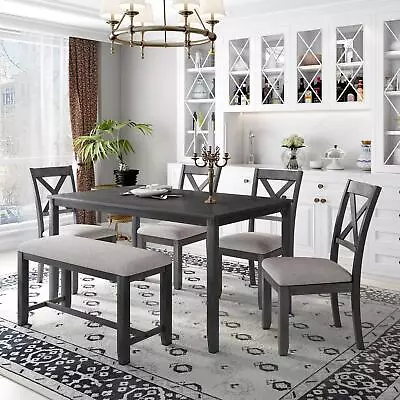 Farmhouse Rustic Dining Table Set With Cross Back 4 Chairs And Bench • $759.09