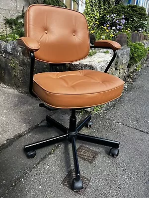 Retro IKEA Alefjall Tan Leather Swivel Office Desk Chair Grann Golden Brown • £175