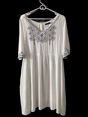 Mikarose Dress Women’s Size XL White W/Gray Embroidery Peasant Flowy Boho Lined • $18.99