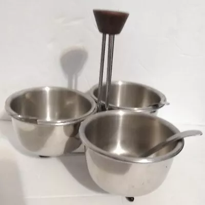 Vintage Stainless Steel 3 Bowl Condiment Server Caddy Wood Handle & Spoons  • $19.95