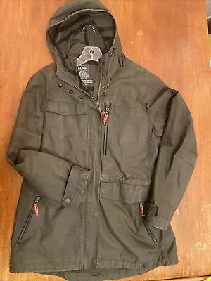 LL BEAN Green Canvas Utility Military Rain Jacket Taped Seams Hooded Womens M • $42