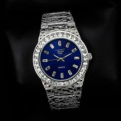 Men's Iced Luxury Hip Hop Silver Nugget Bling Blue Dial Wrist Metal Shiny Watch • $26.99