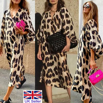 £13.99 • Buy Women Leopard V Neck Loose Midi Dress Ladies Holiday Beach Casual Loose Sundress