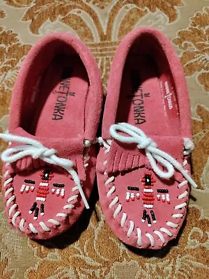 Minnetonka Thunderbird 2 Size 8 Pink Girl's Kid's Moccasins Beaded Eagle Nwob • $28