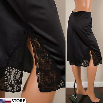 💖 MAIDENFORM Sweet Nothings Black Half Slip Skirt Silky Nylon Lace Side Slit S • $21.99