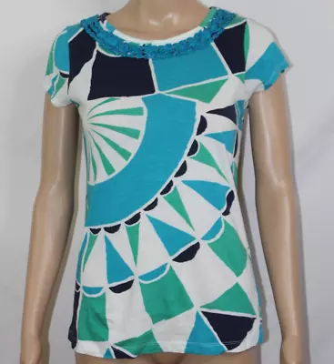 C Keer Anthropologie Blue White Green Geometric Top Ruffled Ribbon Neckline  S • $17.99