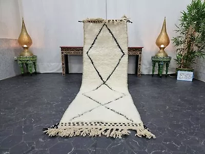 Moroccan Handmade Beni Ourain Rug 2'3''x7'4'' Berber Geometric White Black  Rug • $330