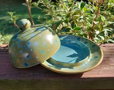 CERAMIC Covered Cheese Butter Dish MAYCO Elements MOSS CREEK Glaze Blue Green  • $29