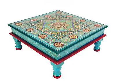 £75 • Buy Small Coffee Table Beautiful Hand Painted Bajot Turquoise Wooden Indian Tables