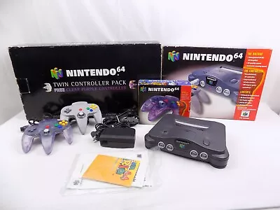 Boxed Nintendo 64 Twin Controller Pack Clear Purple Controller Console Bundle • $699