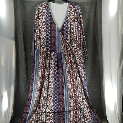 £14.99 • Buy BonPrix Collection Dress Womens XL Multicoloured V-Neck Long Maxi 3/4 Sleeves