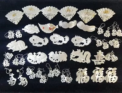 Vtg Lot Of 34 Carved Mother Of Pearl Brooch Pins Earrings Dragon Fan Animals • $9.99