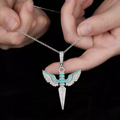 Full D/VVS1 Moissanite Wing Pendant Necklace For Men 925 Sterling Silver Hip Hop • $161.49