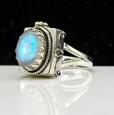 Rainbow Moonstone Poison Box Ring 925 Sterling Silver Handmade Ring Gift For Her • $18.40