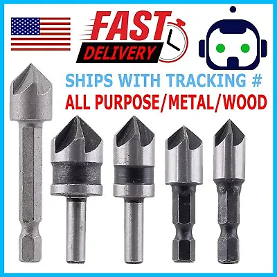5pc Chamfer Countersink Deburring Drill Bit Set Crosshole Cutting Metal Tool Kit • $8.95