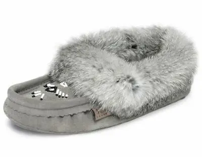 Made In Canada Moccasin Charcoal Suede Rabbit Fur Fleece Lined Slipper Size 9 • $90