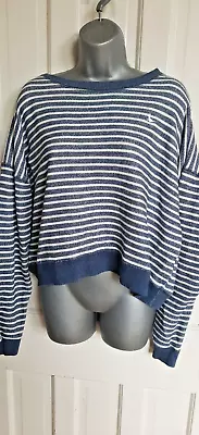 JACK WILLS - Blue & White Stripe Crop Sweatshirt Jumper - 16 • £4.95