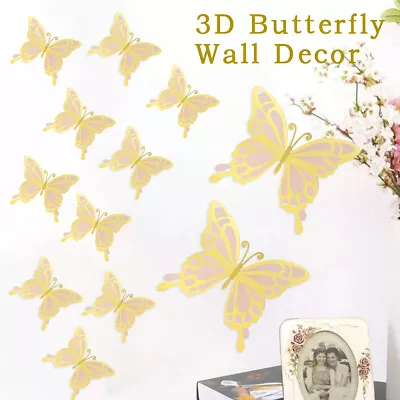 $20.97 • Buy 12Pcs 3D Butterfly Sticker Decorative Butterfly Wall Decal 2 Sizes Gold DatDK