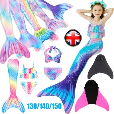 UK Kids Mermaid Tail With Monofin Swimmable Bikini Set Swimsuit Swimming Costume • £19.15