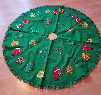 Vintage Green Felt Sequin Christmas Tree Skirt Mid Century Colorful Designs  • $35