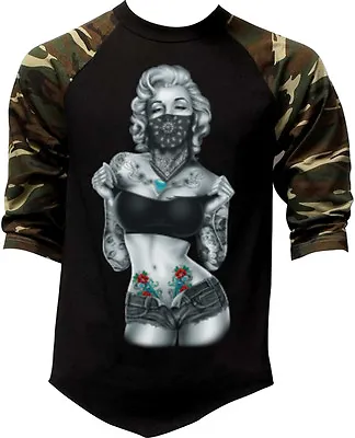 Mens Marilyn Monroe Standing Bandana Camo Baseball Raglan T Shirt Sexy Cali Weed • $15.99