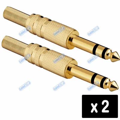 £2.95 • Buy GOLD 2 X 6.35mm STEREO 1/4  Male Jack Plug Cable CONNECTOR Metal Solder Adapter