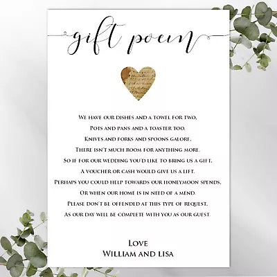 PERSONALISED Wedding Gift Poem Money Request Or Honeymoon Wish Cards G11 • £24