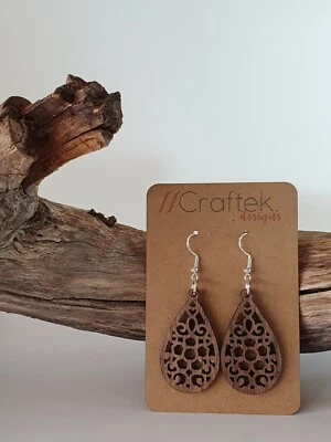 Wooden Earrings Laser Cut Decorative Tear Drop Design Drop/Dangle Style D4 • $20
