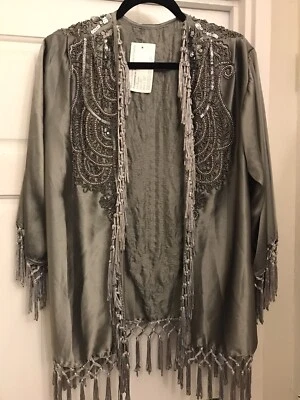 £35 • Buy Topshop Silver Embellished Satin Fringe Kimono Jacket Size 12 BNWT