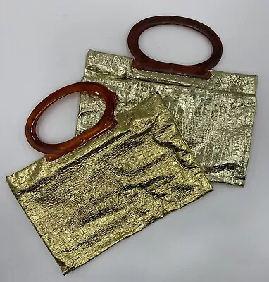 2 Vintage 1960’s Metallic Gold Foil Convertible Purses W Tortoise Plastic Handle • $28.80