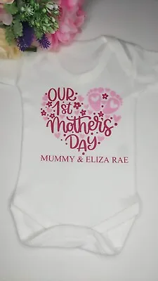 £7.99 • Buy Personalised Our First Mothers Day Any Name Heart Baby Vest Gift Girl Boy 