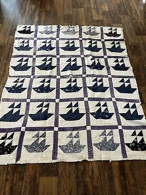 Vintage Antique  Quilt  Hand Stitched Navy Blue Sailboat 76 X 60 • $45